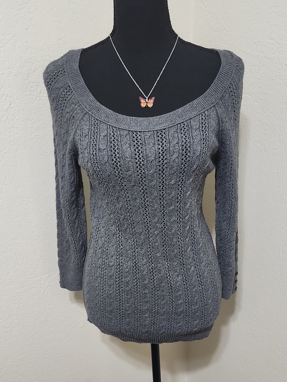 Vintage Y2K American Eagle Gray Cable Knit Scoop Neck Sweater Sz L Belle Swan